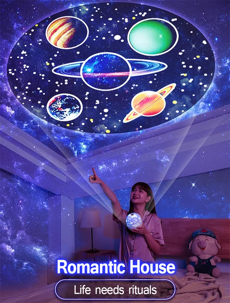 Crown Star Light Projection Rotating Star Bedroom Ceiling Atmosphere Night Lamp Stars Childrens Birthday Gift with Films Sheet