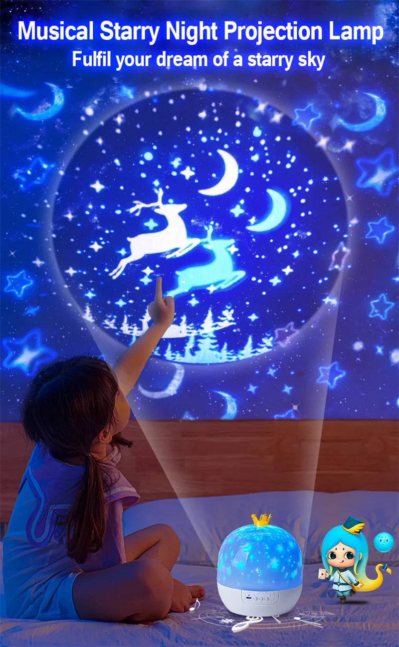 Crown Star Light Projection Rotating Star Bedroom Ceiling Atmosphere Night Lamp Stars Childrens Birthday Gift with Films Sheet