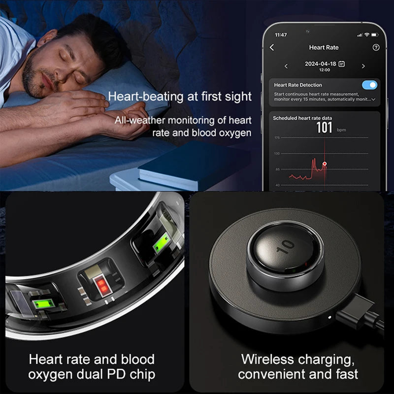R10 Smart Ring For Men Women with Wireless Charging,SkinTemperature Health and Sleep Monitor,Multi-sport Modes For Andriod IOS