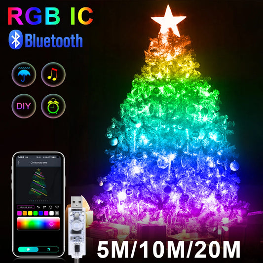 10M/20M USB Christmas Tree LED String Lights with Smart Bluetooth App Remote